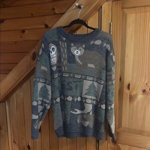 Cozy Gray Sweater with Bear and Tree Design